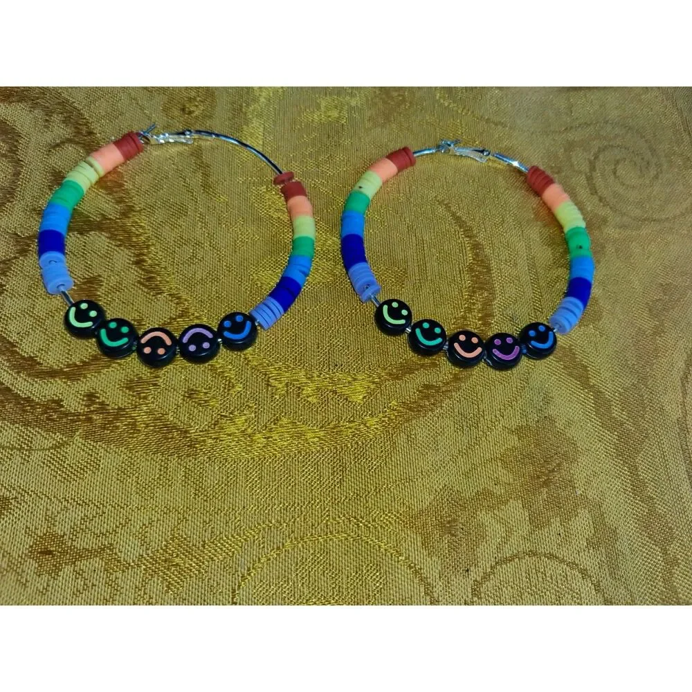 OOAK Handmade Rainbow Smiley Face Hoop Earrings Colorful Y2K Rave Beaded Pair